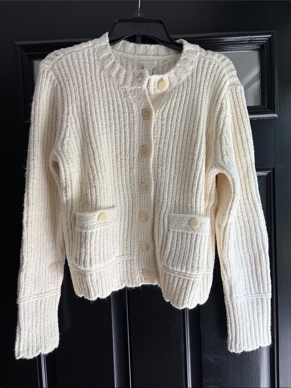 Caslon Cream Ribbed Button-Front Cardigan. Thick cotton blend